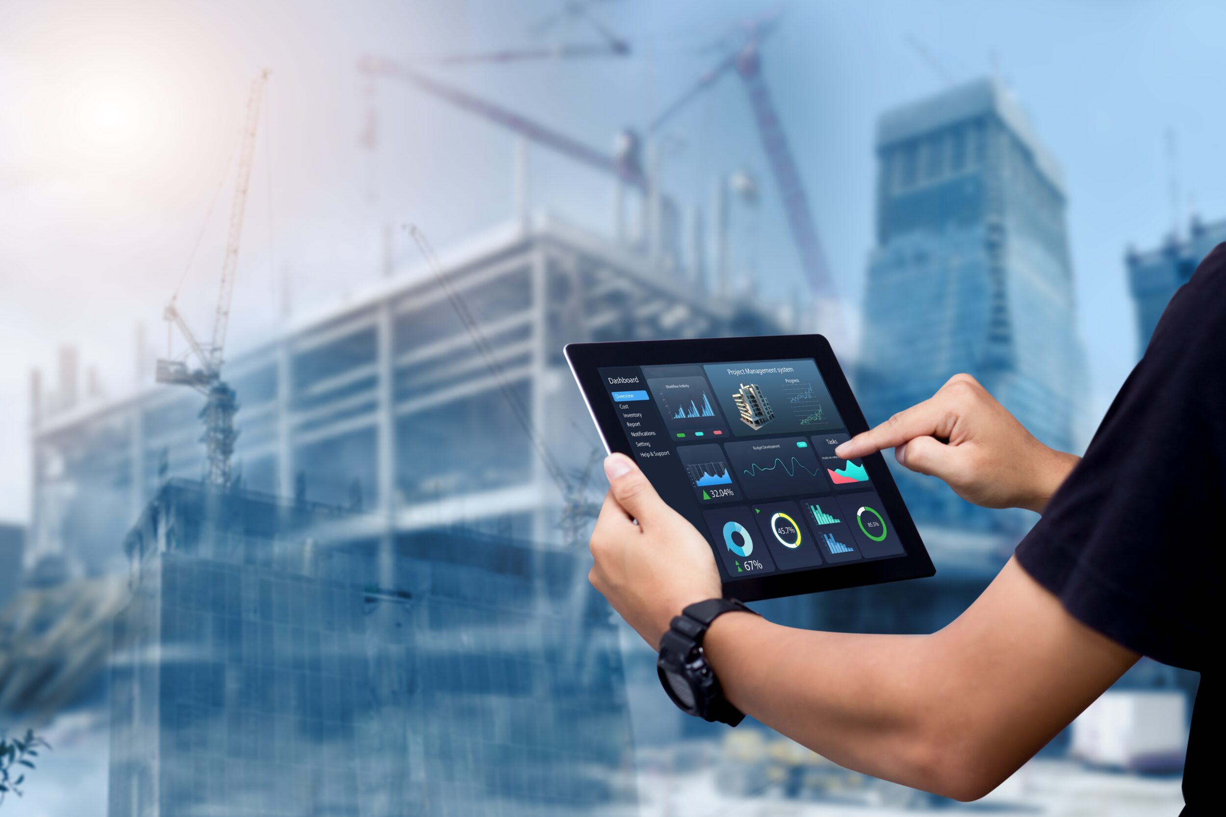 Smart,Construction,Project,Management,System,Concept.hands,Using,Digital,Tablet,With